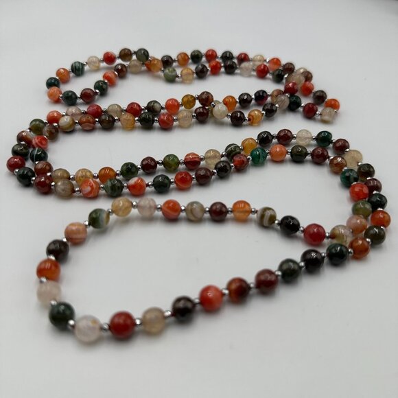 Unbranded Jewelry - Multicolor Agate Gemstone Necklace Faceted Round Beads Polished Long 60 Inch
